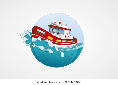 Moving rescue boat. Deep sea with wave. Round vector computer icons for applications or games. Logo and emblem template. Handdrawn Illustration