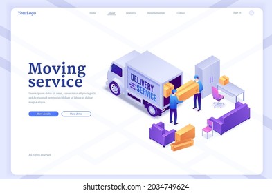Moving Service Banner With Workers Unload Van With Furniture And Boxes. Vector Landing Page Of Delivery Company With Isometric Illustration Of Men Carry Freight. Concept Of Relocation, House Moving