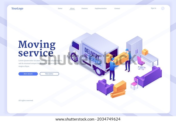 Moving service banner with workers unload van with
furniture and boxes. Vector landing page of delivery company with
isometric illustration of men carry freight. Concept of relocation,
house moving