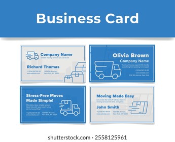 Moving service business card design template with line elements set vector flat illustration. Cargo delivery logistic transportation company fast freight shipment truck automobile corporate contact