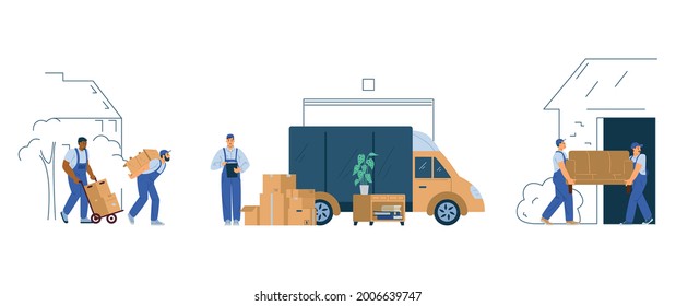 Moving service and cargo delivery company workers, flat vector illustration isolated on white background. Loaders of shipping service male characters at work.