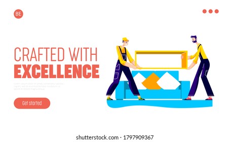 Moving service company landing page design with loaders carry furniture for new apartment. Furniture assembly service helping with installation and delivery. Cartoon vector illustration