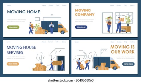 Moving service company websites set, flat vector illustration on white background. Professional house moving or shipping company landing page templates bundle.