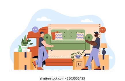 Concepto de servicio móvil. Los hombres llevan sofá y cajas de cartón en el camión. Reubicación e inmigración. Los empleados mueven muebles en casa. Ilustración vectorial plana aislada sobre fondo blanco