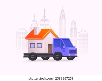 Moving service concept. Moving truck with house. 3D Web Vector Illustrations.