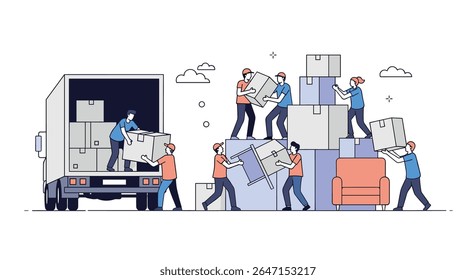 Moving Service Crew Loading Boxes In Truck