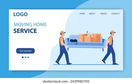 Moving service and delivery company. Delivery character man movers carry sofa with big carton cardboard box. Delivery and relocation service concept. Landing page. Vector illustration in flat style