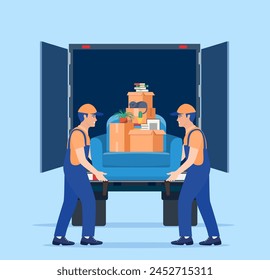 Moving service and delivery company. Delivery character man movers carry sofa with big carton cardboard box. Delivery truck and relocation service concept. Vector illustration in flat style