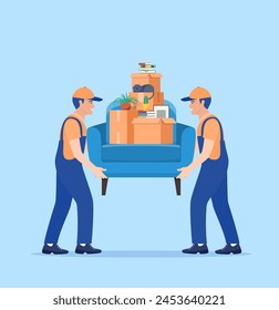 Moving service and delivery company. Delivery character man movers carry sofa with big carton cardboard box. Delivery and relocation service concept. Vector illustration in flat style