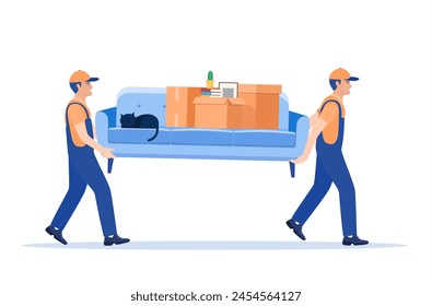 Moving service and delivery company. Delivery character man movers carry sofa with big carton cardboard box. Delivery and relocation service concept. Vector illustration in flat style