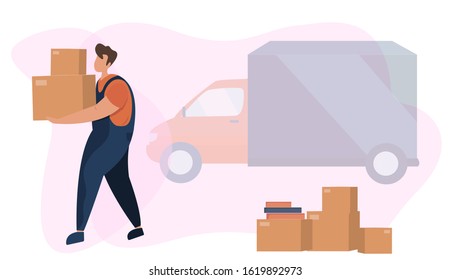 Moving service. Delivery man moving paper boxes with books in new House. Moving truck on background. Vector flat style illustration