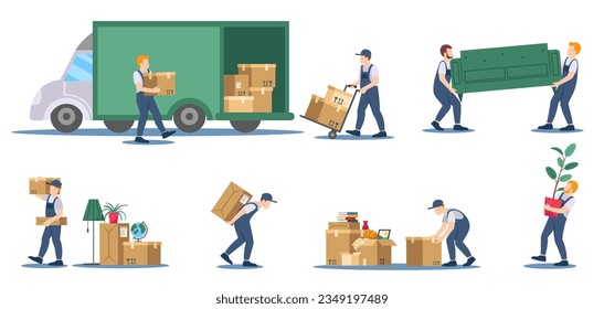 Moving service. Delivery service workers loading boxes and sofa into truck, residential move logistics cartoon vector illustration set of delivery service worker