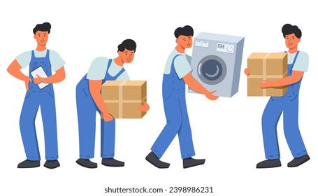 Moving service. Delivery service workers loading boxes and washing machine. Residential move logistics. Cartoon vector illustration set