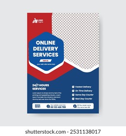 Moving service, Express delivery service print flyer or poster  template. Fast delivery parcel courier service leaflet brochure cover template design