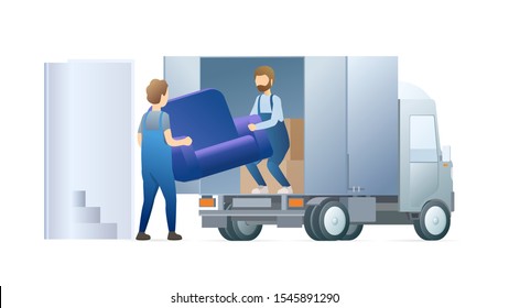 Moving service flat vector illustration. Loaders in overalls, porters loading heavy armchair in van cartoon characters. Transportation business, freight trucking, furniture delivering concept.
