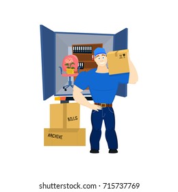 Moving service guy with furniture and moving truck vector illustration EPS10