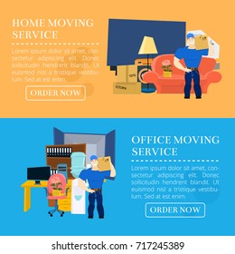 Moving service guy with furniture and moving truck vector illustration with copy space EPS10