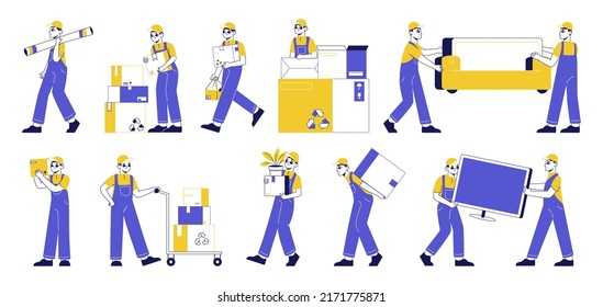 Moving service, home relocation characters carrying sofa and cardboard boxes. Delivery moving company workers flat vector illustration set. Relocation, moving-in workers