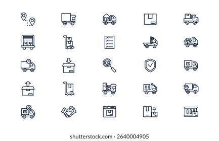 Moving service icon representing logistics and transportation with boxes and truck in outline style