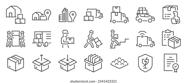 Moving service icon set. It included contexts such as relocation, Boxes, Truck, mover, new Home, and more. Editable Vector Stroke.