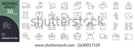 Moving service icon set. Relocation and logistics related line icons: truck, boxes, packing, furniture, delivery, loading, unloading, storage, transportation, movers and more. Editable stroke.  