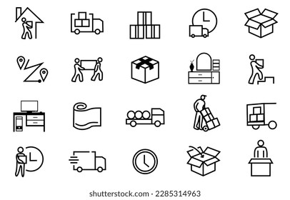 Moving Service Icons set Illustration vector. Contains such Icons as Office Move, Truck, Vehicle Cargo Stats, shipping, Loaders and more. File Editable. Eps 