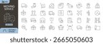 Moving Service icons set. Includes moving truck, boxes, dolly, delivery van, house , checklist, calendar, truck driver, and storage unit. Editable stroke, line icons. Perfect for infographics.