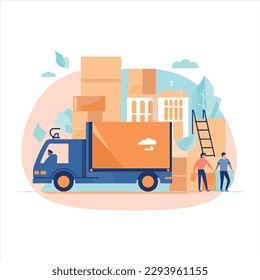 Ilustraciones de servicio móviles. Servicio De Transporte De Cosas Ilustraciones. Vector de banner del servicio de cambio en casa. Servicio de entrega. Ilustración para entrega o logística global. Arte vector plano