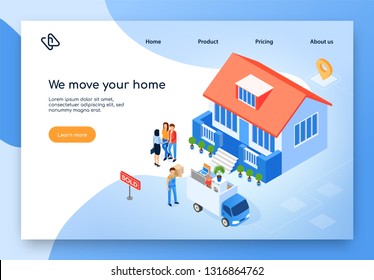 Moving Service Isometric Vector Web Banner. Realtor Giving Key from House to New Owners While Delivery Company Worker Unloading Truck Full of Home Stuff Illustration. Real Estate Agency Landing Page