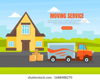 Moving Service Landing Page Template, Delivery Van on City Street, Delivery Service Car, Shipping Transport Vector Illustration