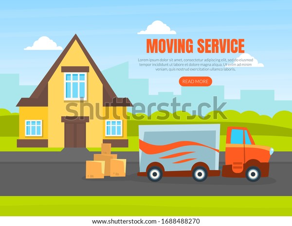 Moving Service Landing Page Template,\
Delivery Van on City Street, Delivery Service Car, Shipping\
Transport Vector\
Illustration