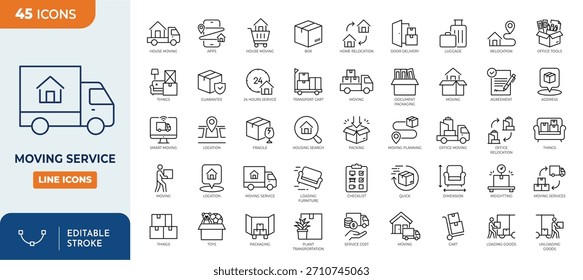 Mover el conjunto de iconos editables de la línea de servicio. Contiene iconos relacionados con los servicios de mudanza de la casa, embalaje, cargadores, oficina de mudanza, transporte de carga y más. Trazo editable. Ilustración vectorial