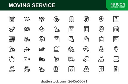 Moving Service Line Icon Pack. Minimal, unique collection showcasing professional moving, shipping, cargo, and transport symbols. Perfectly designed for versatile use.