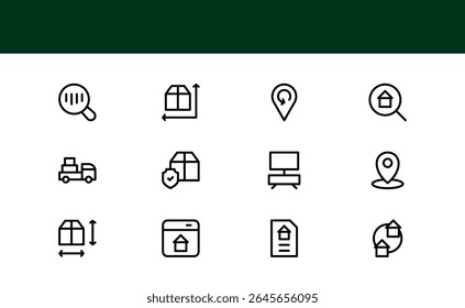 Moving Service Line Icon Pack. Minimal, unique collection showcasing professional moving, shipping, cargo, and transport symbols. Perfectly designed for versatile use.