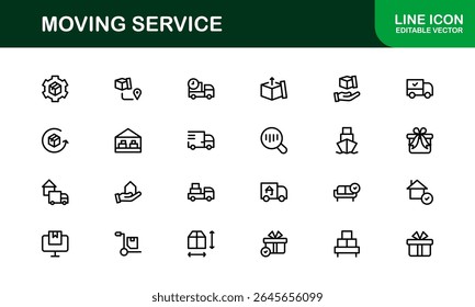 Moving Service Line Icon Pack. Minimal, unique collection showcasing professional moving, shipping, cargo, and transport symbols. Perfectly designed for versatile use.