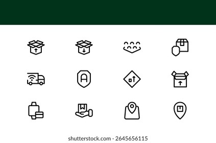 Moving Service Line Icon Pack. Minimal, unique collection showcasing professional moving, shipping, cargo, and transport symbols. Perfectly designed for versatile use.
