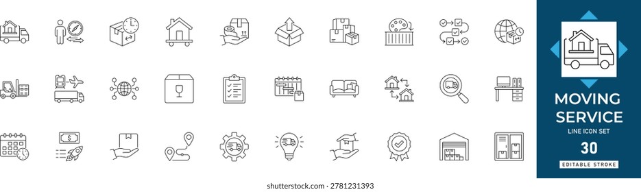 Moving service line icon set featuring logistics, delivery, relocation, packing, truck, shipping, warehouse. Professional editable vector illustration for logistics app and UI UX design.

