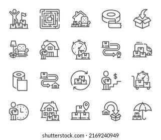 Moving service line icons. Furniture move, rent space and adhesive tape set. Package delivery, relocation service and carrying man line icons. Move parcel, delivery truck and maze labyrinth. Vector