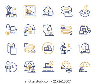 Moving service line icons. Furniture move, rent space and adhesive tape set. Package delivery, relocation service and carrying man line icons. Move parcel, delivery truck and maze labyrinth. Vector