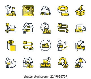 Moving service line icons. Furniture move, rent space and adhesive tape set. Package delivery, relocation service and carrying man line icons. Move parcel, delivery truck and maze labyrinth. Vector