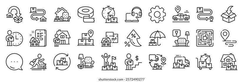 Moving service line icons. Settings gear, Message, Inflation icons. Furniture move, rent space and adhesive tape set. Package delivery, relocation service and carrying man line icons. Vector