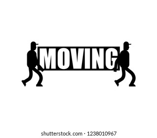 Moving service logo Delivery sign. Two Movers. Porters carry symbol. Loader mover man holding. 