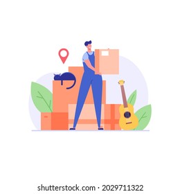 Moving service in new house or apartment. Delivery team with cardboard boxes for home stuff. People moving in new home. We’re moving concept. Vector illustration for Web Design