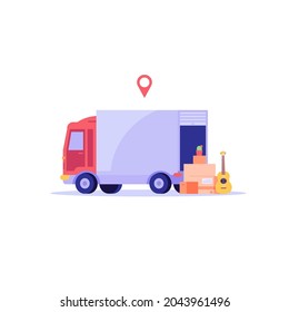 Moving service in new house or apartment. Delivery truck with cardboard boxes for home stuff. Movers moving in new home. We’re moving concept. Vector illustration for Web Design