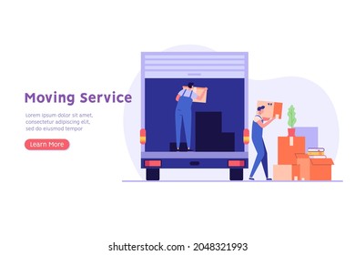 Moving service in new house or apartment. Delivery truck with cardboard boxes for home stuff. Movers moving in new home. We’re moving concept. Vector illustration for Web Design