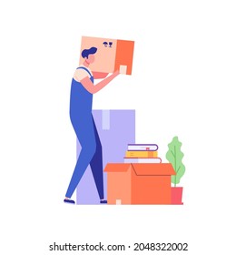 Moving service in new house or apartment. Delivery worker with cardboard boxes for home stuff. Movers moving in new home. We’re moving concept. Vector illustration for Web Design