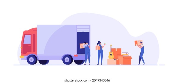 Moving service in new house or apartment. Delivery truck with cardboard boxes for home stuff. Movers moving in new home. We’re moving concept. Vector illustration for Web Design