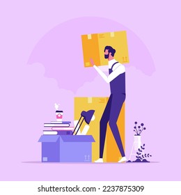 Moving service in new house or apartment. Delivery worker with cardboard boxes for home stuff. Movers moving in new home. We’re moving concept. Vector illustration