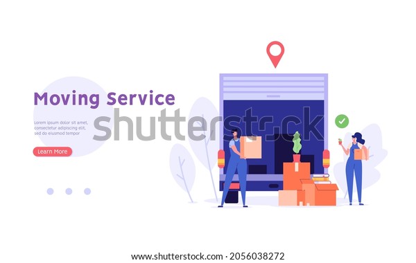 Moving\
service in new house or apartment. Delivery truck with cardboard\
boxes for home stuff. Movers moving in new home. We’re moving\
concept. Vector illustration for Web\
Design