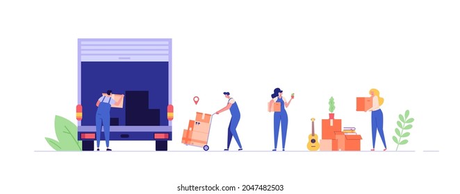 Moving service. People moving in new house or apartment. Delivery truck with cardboard boxes for home stuff. Movers moving in new home. We’re moving concept. Vector illustration